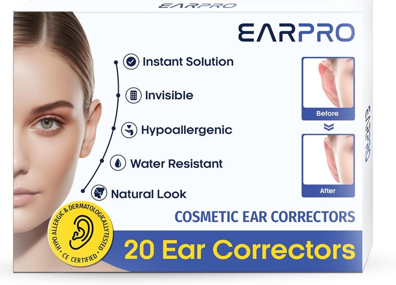 Earo مصحح الأذن التجميلي EarPro – لاصقات لاصقة أقوى، تثبت الأذنين البارزتين بدون جراحة – لاصقات غير مرئية ومقاومة للماء للبالغين لتصحيح وضع الأذن – عبوة 20 – حجم واحد شفاف - Image 1
